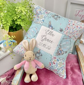 Peter Rabbit Name And Date Cushion Mint And Floral, 7 of 9