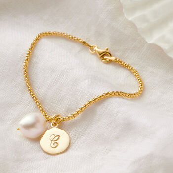 Gold Initial Disc Bracelet With Freshwater Pearl, 4 of 9