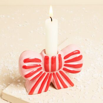 Pink And Red Stripe Bow Ceramic Candle Holder, 2 of 4