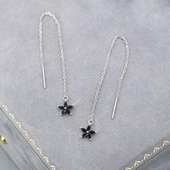 Black Cz Flower Threader Earrings In Sterling Silver, 8 of 11