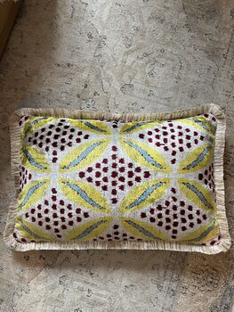 Modern, Oblong, Velvet, Ikat, Cushion With Cream Silk Tassels Blue, Yellow, Burgundy And Cream Abstract Design, 7 of 8