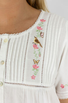 Women's White Cotton Bird And Flower Embroidered Nightdress, 5 of 7