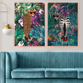 Cheetah In Heels In Tropical Flower Jungle Wall Art Print, 2 of 6