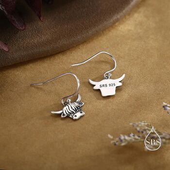 Sterling Silver Highland Cow Drop Dangling Hook Earrings, 3 of 11