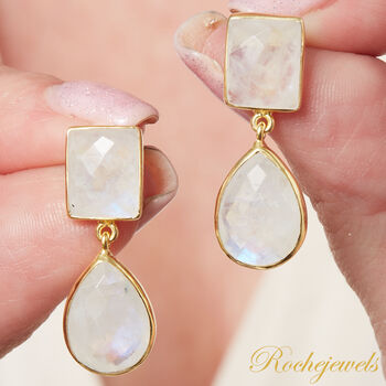 White Moonstone Statement Gold And Silver Drop Stud Earrings, 4 of 9