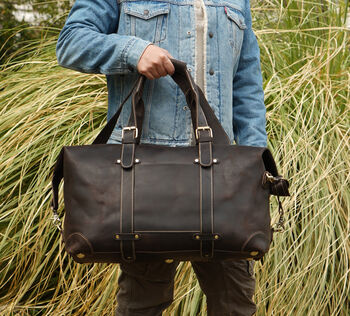 Genuine Leather Weekend Bag With Leather Straps Detail, 8 of 11