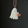 Tin Ghost With Pumpkin Hanging Halloween Decoration, thumbnail 1 of 2