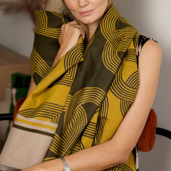 Geometric Woven Scarf – Mustard, Olive And Beige, 2 of 9