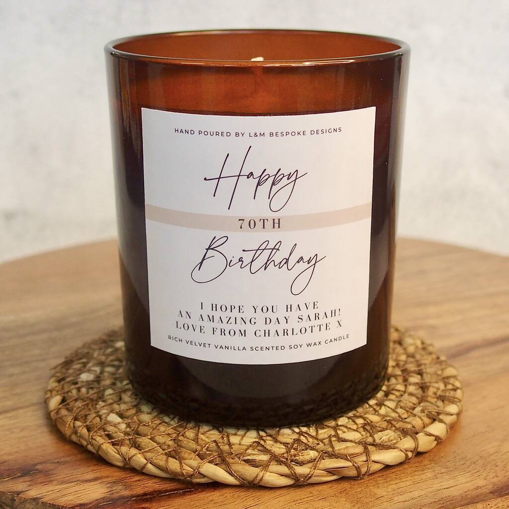 70th Birthday Personalised Amber Glass Candle Gift By L&M Bespoke Designs