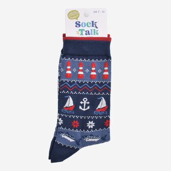 Men's Bamboo Socks Nautical Fair Isle Navy, 5 of 5