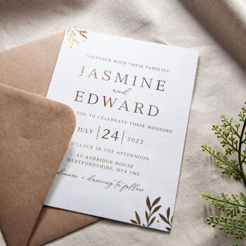 Gold Leaves Foiled Wedding Invitation And Envelope, 2 of 3
