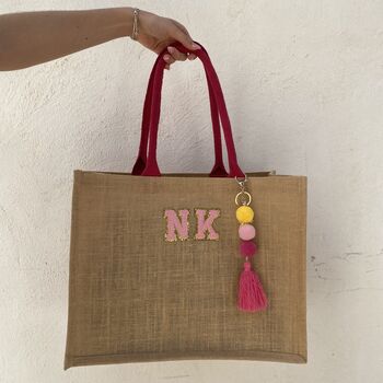 Personalised Square Jute Pom Pom Beach Shopper Tote Bag, 4 of 5