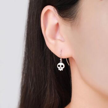 Sterling Silver Cute Skull Drop Hook Earrings, 7 of 11