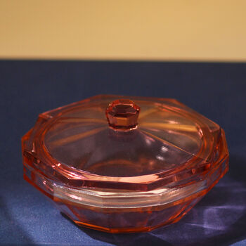 Vintage Art Deco Lidded Glass Trinket Pot Pink, 3 of 4