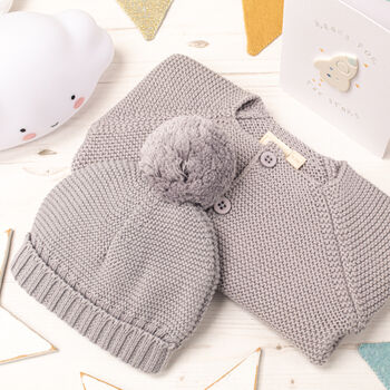 Luxury Storm Blue Bobble Hat And Cardigan Baby Gift Set, 5 of 12
