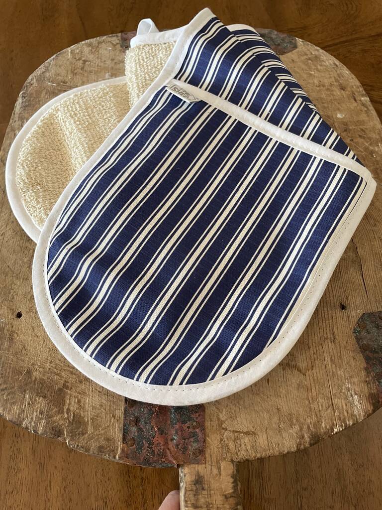 Florence Navy Stripe Cotton Linen Double Oven Gloves, 1 of 2