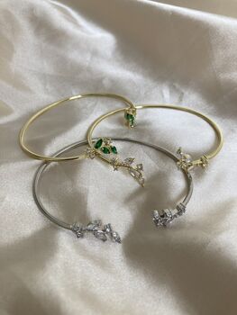 Emerald Green Gold Dainty Leaf Cuff Bangle, 5 of 6