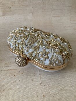 Light Blue Gold Handcrafted Embroidered Oval Clutch Bag, 2 of 5