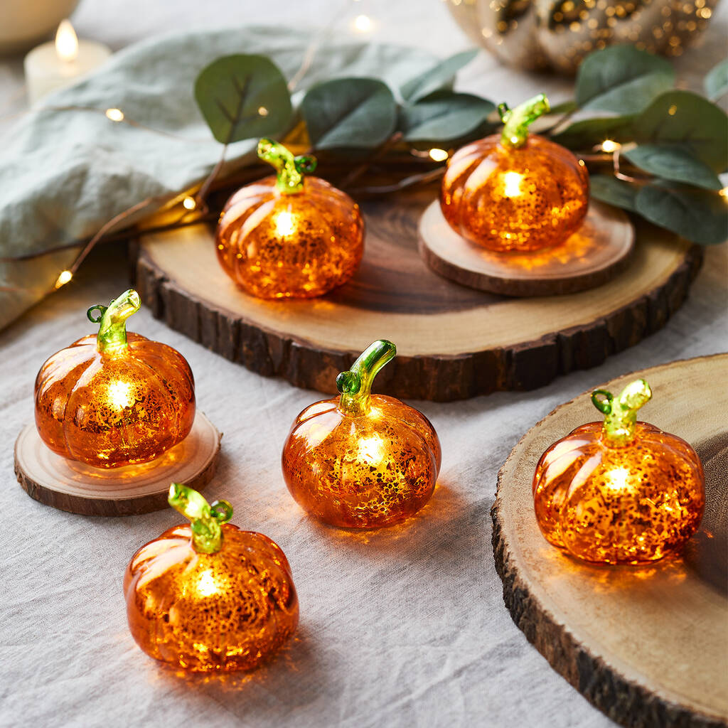 Set Of Six Mini Glass Illuminated Pumpkins By Lights4fun