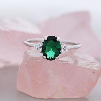 Emerald Green Cz Oval Ring In Sterling Silver, 8 of 12