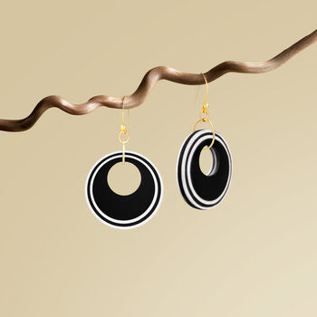 Black And Pearlescent White Circular Earrings • Gold Plated Sterling Silver Hooks, 3 of 9