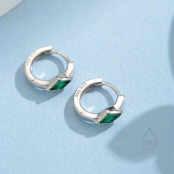 Tiny Rhombus Emerald Green Cz Huggie Hoop In Sterling Silver, 7 of 12