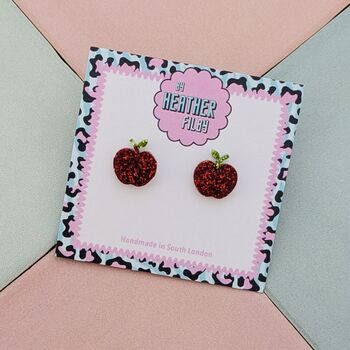 Red Glitter Apple Stud Earrings / Gift For Teacher / Fruit Studs / Snow White Fairytale Jewellery, 3 of 4