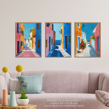 Set Three Wall Art Prints Colourful Village Sea Greek, 3 of 7