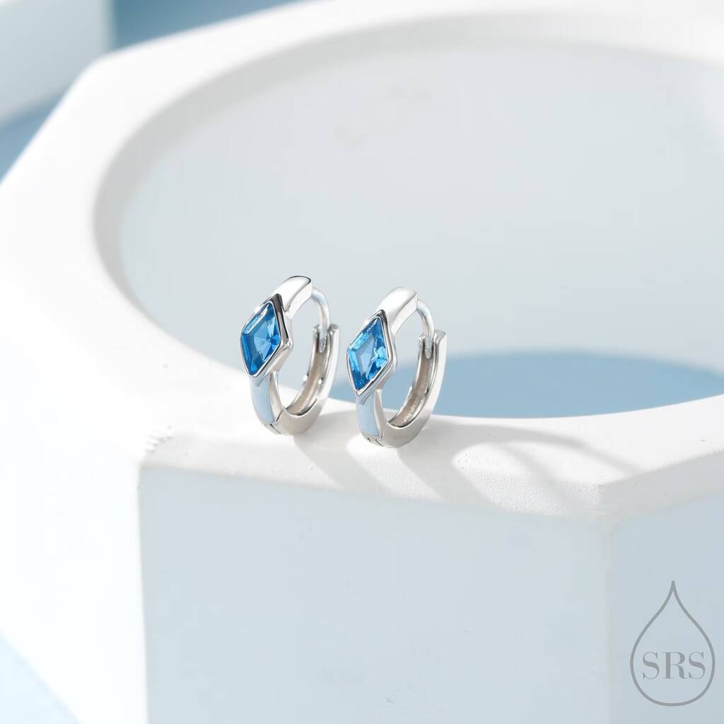 Tiny Rhombus Aquamarine Blue Cz Huggie Hoop In Sterling Silver, 1 of 12