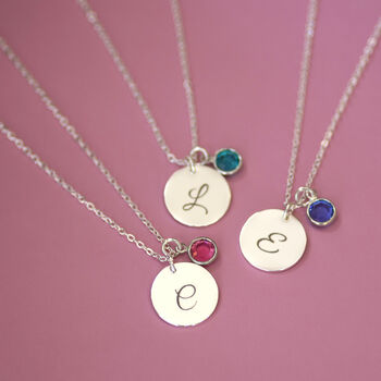 Silver Plated Script Initial Birthstone Disc Necklace, 4 of 9