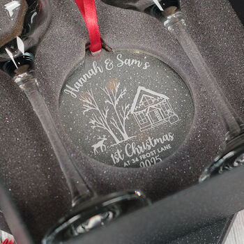 Pair Of 1st Christmas At A New Home Champagne Flutes And Decoration, 3 of 5