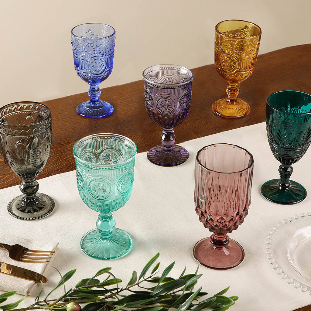 Set Of Four Vintage Embossed Coloured Wine Glasses, 1 of 12