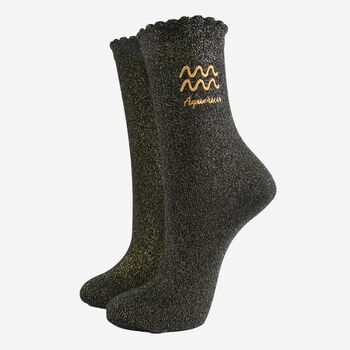 Women's Glitter Socks Black Gold Zodiac Aquarius, 2 of 5