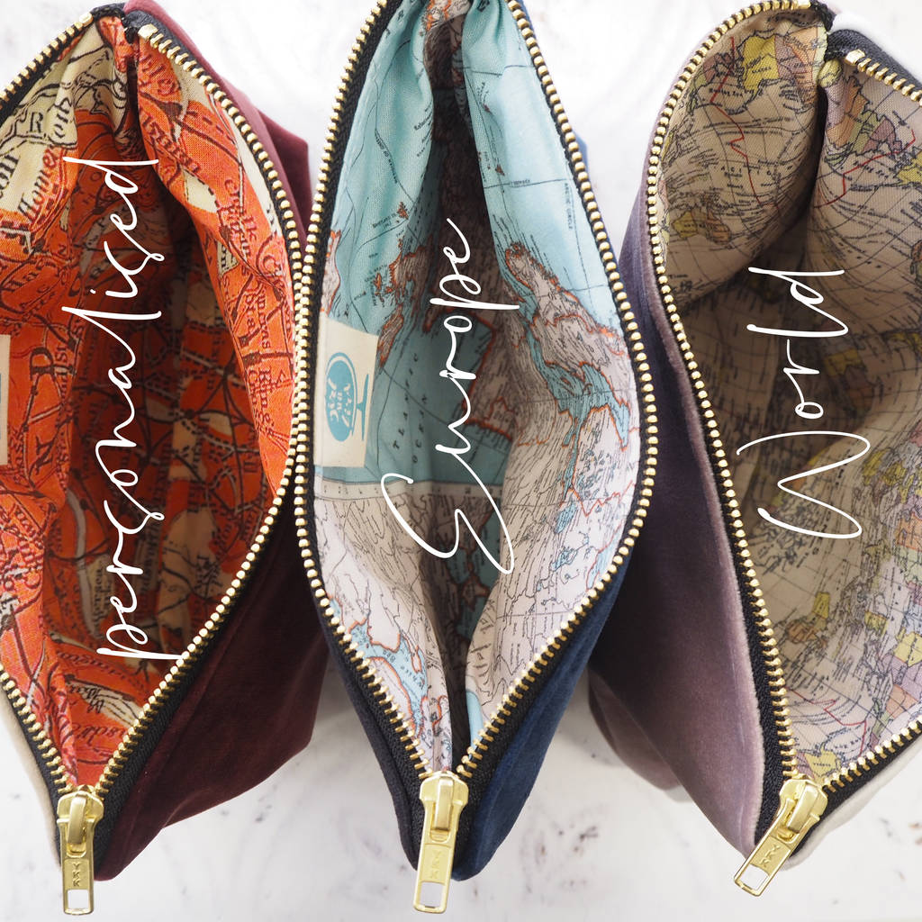 Velvet Wash Bag With A Hidden Personalised Map By Girl and Bird