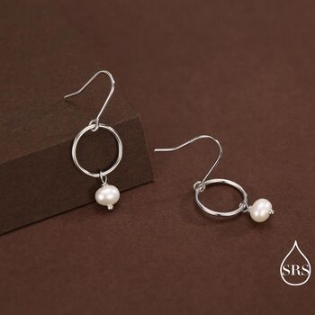 Genuine Freshwater Pearl And Circle Dangle Drop Earrings In Sterling Silver, 5 of 11