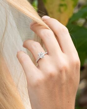 Two Ct Oval Solitaire Moissanite Engagement Ring With Pavé Band, 3 of 9