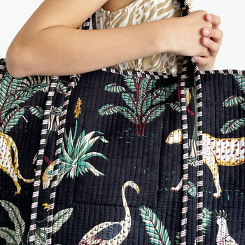Jungle Print Large Quilted Cotton Tote Bag In Black, 5 of 5