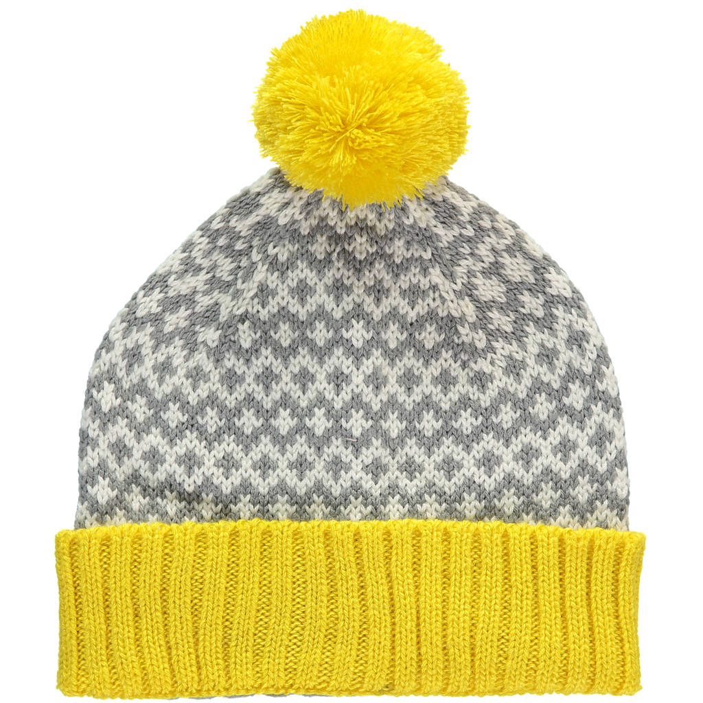 Yellow Graphic Pompom Beanie By Miss Pompom By Lowie