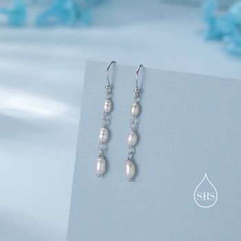 Oval Freshwater Pearl Trio Drop Hook Earrings In Sterling Silver, 2 of 11