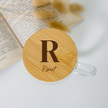 Personalised Initial Double Wall Glass Mug With Bamboo Lid, 2 of 5