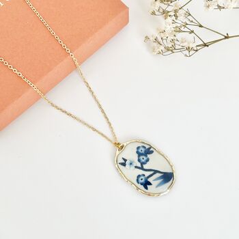Blue And White Floral Handmade Oval Clay Necklace, 3 of 9