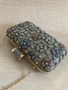 Grey Handcrafted Multicoloured Flower Rectangular Clutch, 8 of 11