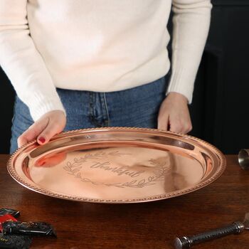 'Thankful' Etched Copper Lazy Susan Bar Tray, 3 of 12