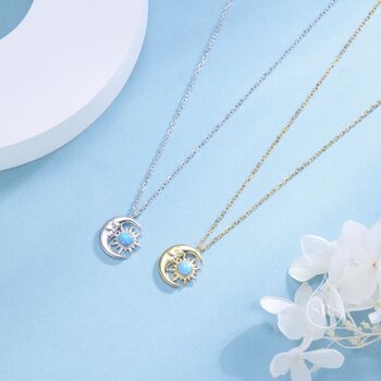 Sterling Silver Blue Opal Moon And Starburst Pendant Necklace, 5 of 11