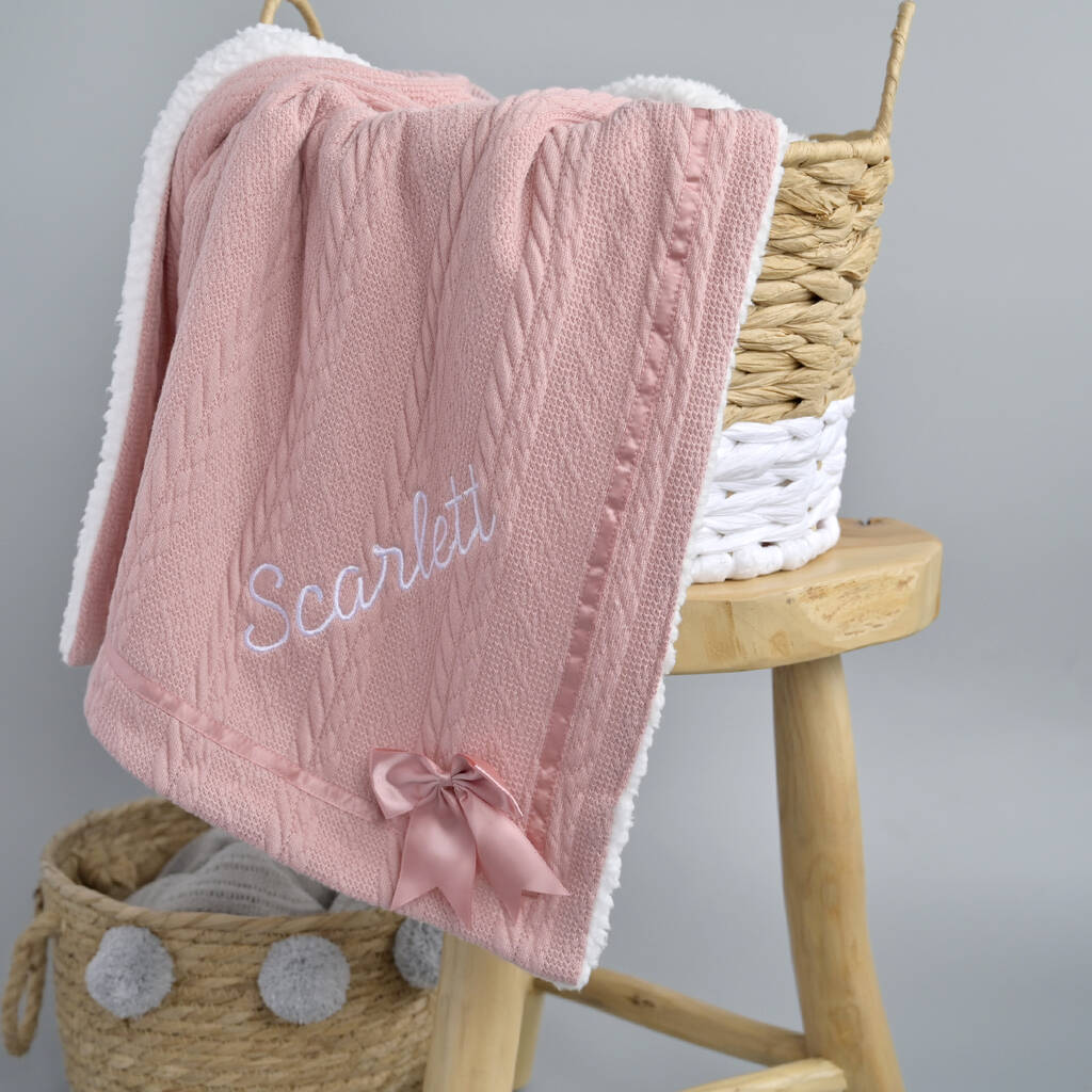 Personalised Knitted Dusty Pink Blanket With Bow, 1 of 9