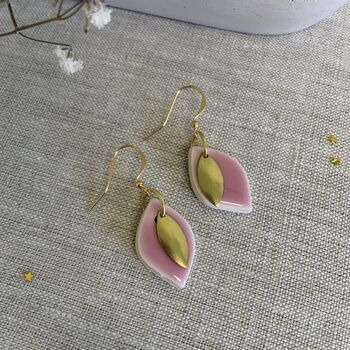 Handmade Baby Pink Ceramic Leaf Earrings Gold Plated, 3 of 8