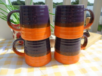 Set Of Four Reactive Glaze Brûlée Mugs In Purple And Orange, 3 of 8