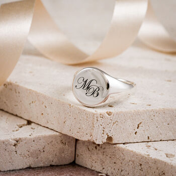 Script Initials Round Silver Signet Ring, 3 of 9