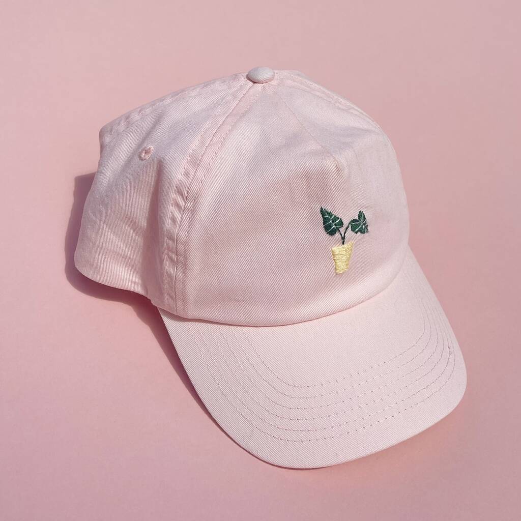 Hand Embroidered Pastel Pink Cap With Plant By Lecia Lou Embroidery