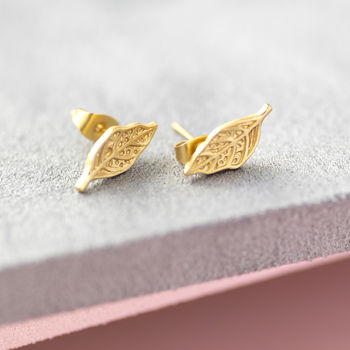 Gold Plated Leaf Stud Earrings, 2 of 6
